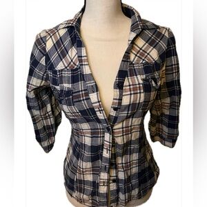 Love Culture Navy and Cream Plaid Button-Down Shirt